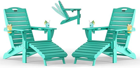 Adjustable Adirondack Chairs Set of 2 with Retractable Ottoman, HDPE Folding Adirondack Chair with Cup Holders, Weather Resistant for Backyard, Poolside & Fire Pit (Lake Blue)