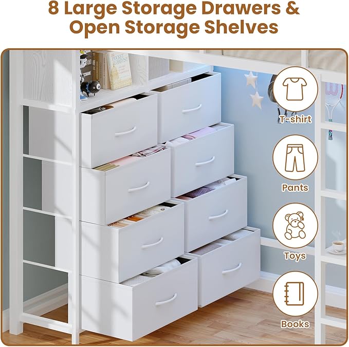 BTHFST Twin Loft Bed with Desk & 8 Storage Drawers Tall Dresser, White Metal Loft Bed with LED Lights & Charging Station, 2-Tier Storage Shelves, Stable & Sturdy, Noise Free, White