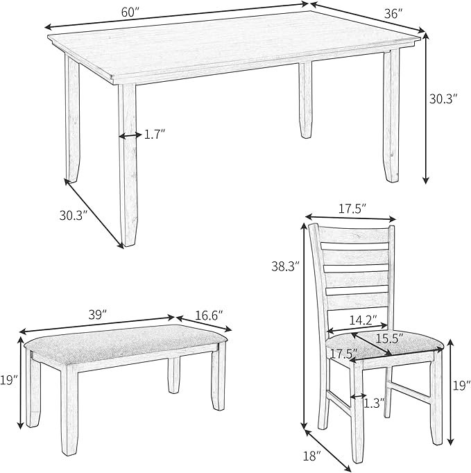 Harper & Bright Designs Dining Room Table and Chairs with Bench, Rustic Wood Dining Set, Set of 6 (Gray)