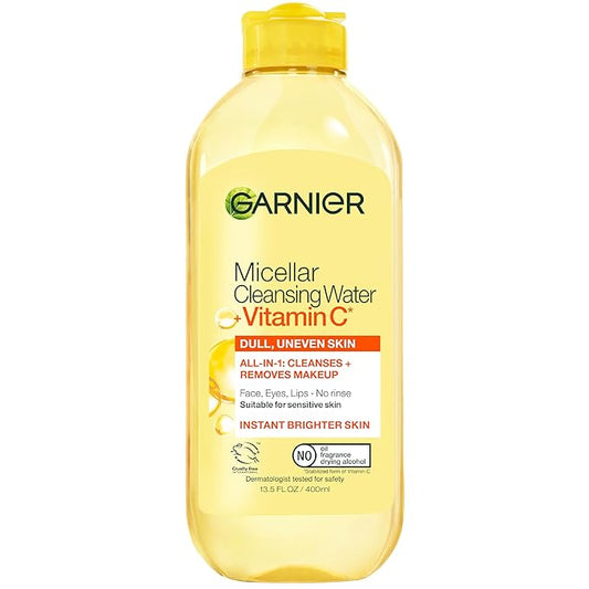 Garnier Micellar Water with Vitamin C, Facial Cleanser & Makeup Remover, Brightening & Hydrating, For All Skin Types, Vegan, Cruelty Free, 13.5 Fl Oz (400mL), 1 Count