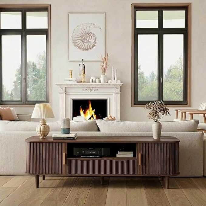 Mid Century TV Stand for TVs Up to 70 Inch, Fluted Media Console with Tambour Sliding Door, Solid Wood Entertainment Center with Storage for Living Room Bedroom Office(Walnut)