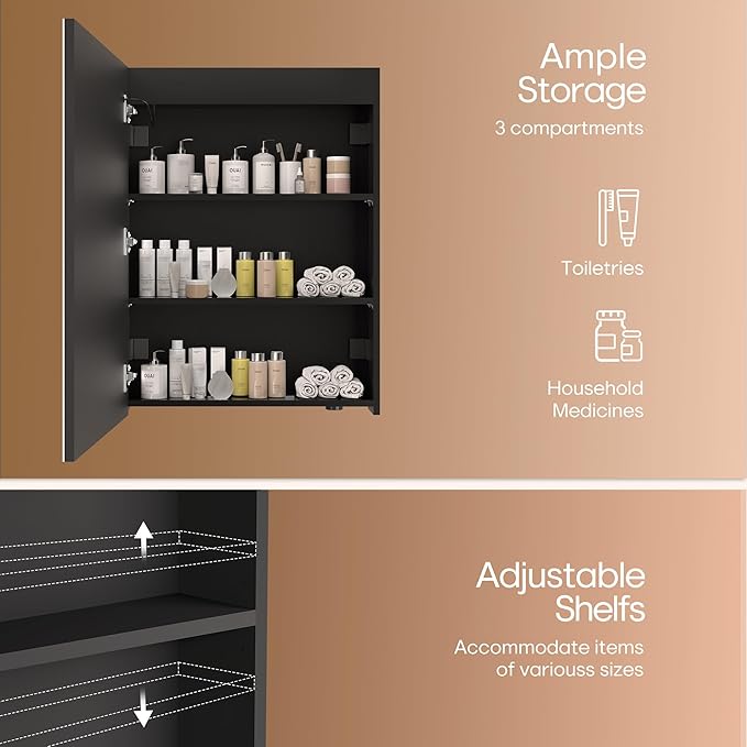 32x24 inch LED Lighted Medicine Cabinet with Mirror, Moisture-Resistant Wood, Stepless Dimmable, 3000K/5500K, Defogger, Adjustable Shelf, Flat-Pack Design – Assembly Required, Black