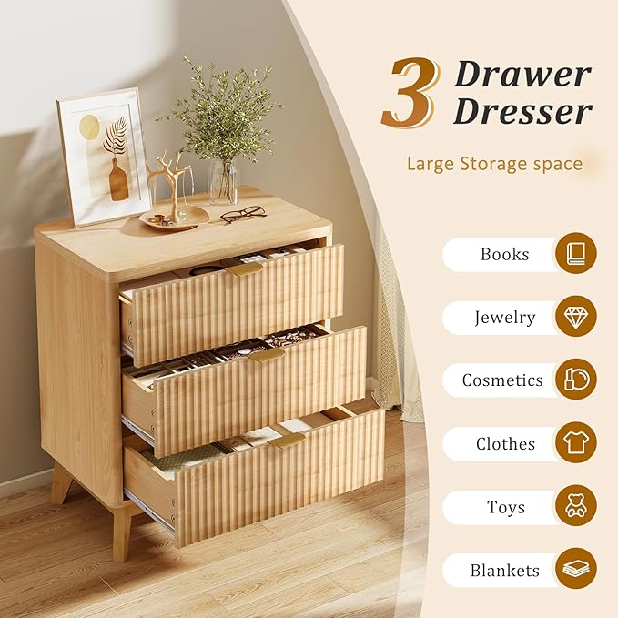 LYNCOHOME Fluted Nightstand Set of 2, Wood Bedside Table with 3 Drawers, Modern Farmhouse Storage End Table for Bedroom, Natural