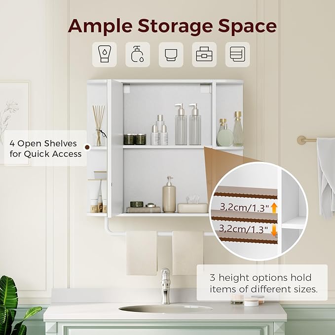 MAHANCRIS Bathroom Wall Cabinet with Mirror, Mirrored Medicine Cabinet with 3 Colors LED Light and 4 Open Shelves, Wall Mounted Storage Cabinets with Adjustable Shelf, 24.7"L x 6.7"W x 26.7"H, White
