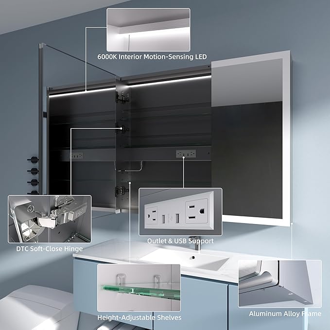 LED Medicine Cabinet Mirror, 36 x 30 Inch Inch Bathroom Storage, Recessed/Wall Mount, Plug-in/Hardwired, 3 Color Dimmable Light, Anti-Fog, Time Temp Display