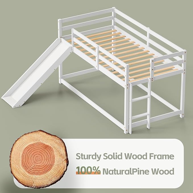TOLEAD OLEAD Low Bunk Bed with Slide, Floor Loft Bed with Climbing Ladder, Wood Twin Bunk Bed Frame with Full Guardrails & Storage Space for Kids Toddler