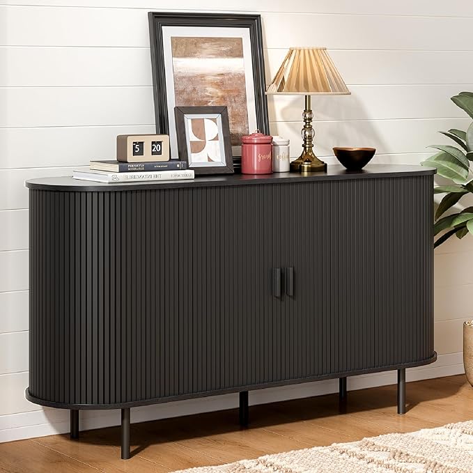 ONBRILL 55" Sideboard Buffet Cabinet with Storage, Storage Cabinet with Sliding Door & Adjustable Shelf, Modern Accent Coffee Bar Cabinet Console Table for Kitchen, Entryway, Black