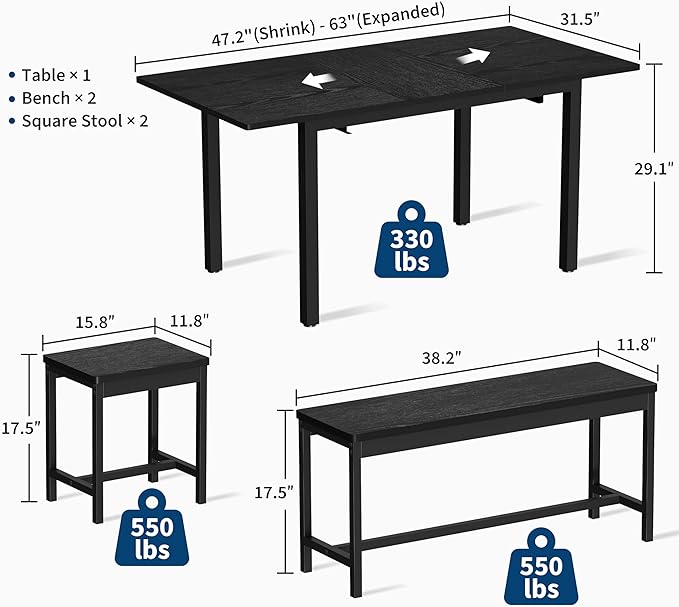 Garvee 5 PCs Extendable Dining Table Set for 4-8 People, 63 in Kitchen Table with 2 Benches & 2 Stools, Modern Dining Room Furniture, Easy Assembly Metal Frame