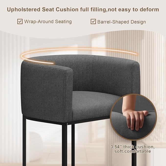 26" H Counter Height Bar Stools Set of 1, Modern Barrel Counter Stools with Backrest and Arms, Linen Fabric Upholstered Accent Barstools for Kitchen Island,Support 450 LBS (Carbon Black)