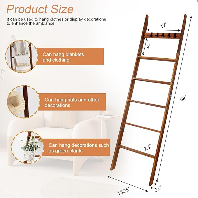 Rustic Wooden Blanket Ladder Towel Rack - 68" Wall Leaning Decorative Ladder Shelf for Living Room Bedroom Bathroom, Farmhouse Blanket Holder for Blankets, Towels, Scarves, Hats