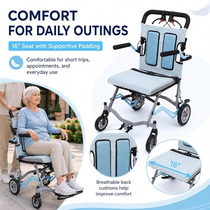 IDEALHOUSE Ultra Lightweight Folding Transport Wheelchair, 16” Seat, Flip-Up Armrests, Swing-Away Footrests, Portable & Compact for Travel, Caregiver-Friendly, 24.25 lbs