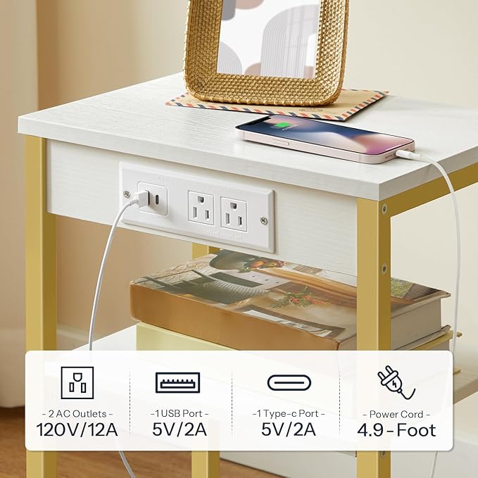 HOOBRO Side Table with Charging Station and USB Port, Small End Table for Small Space, 3-Tier Nightstand with Adjustable Shelf, for Living Room, Bedroom, White and Gold DW112BZ01G1