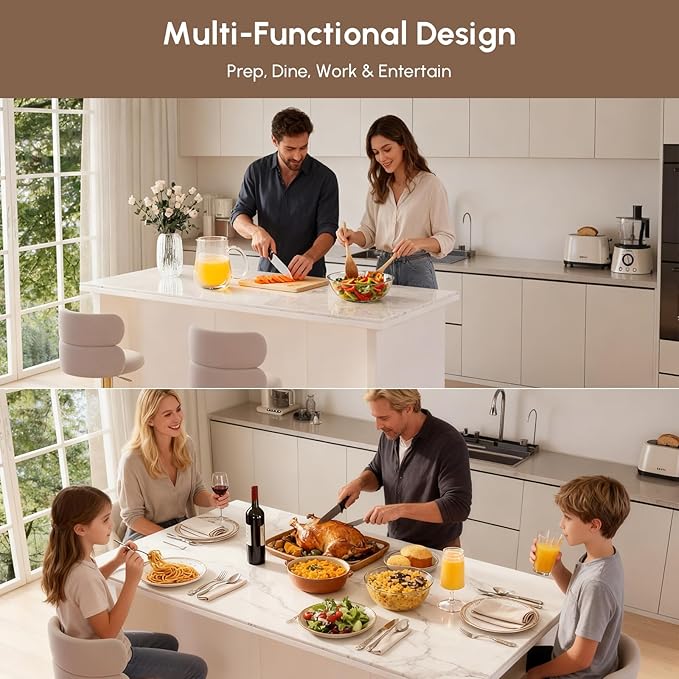 homary 72" Modern Kitchen Island with Storage, White Marble-Effect Engineered Wood Top, Modern Kitchen Table for Dining Room
