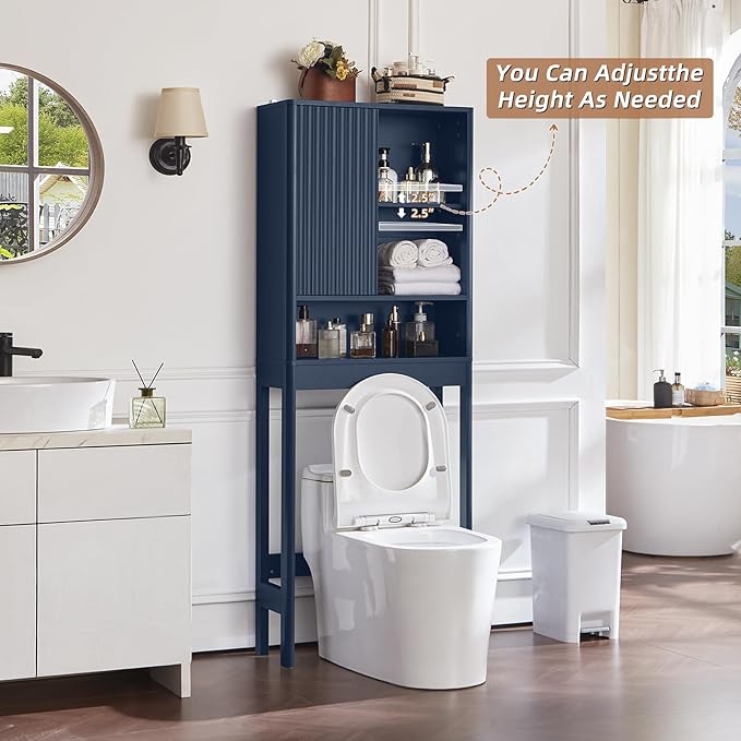 LEYAOYAO Fluted Over The Toilet Storage Cabinet, Farmhouse Over Toilet Bathroom Organizer with a Sliding Door, 68" Tall Blue Freestanding Washer Shelf with Adjustable Shelf & Curved Profile