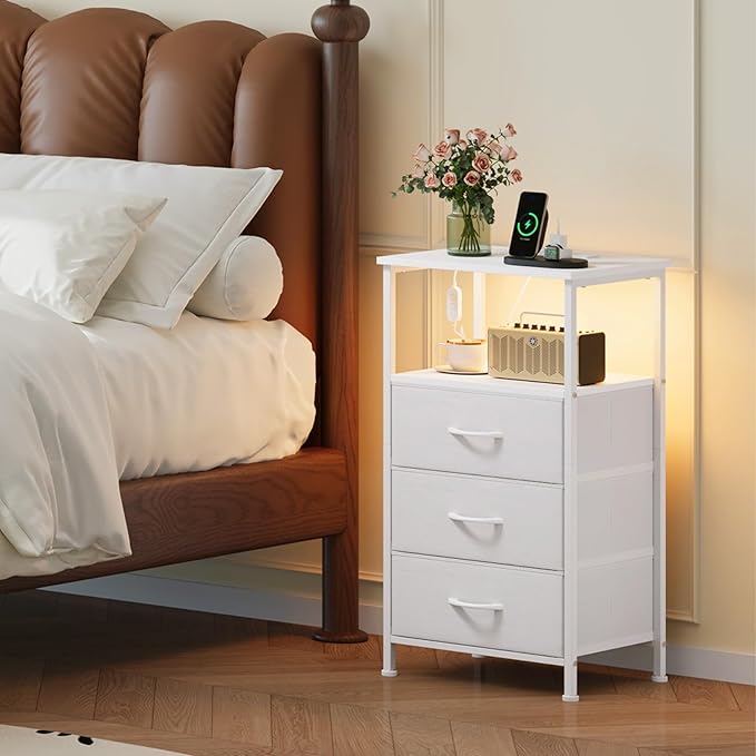 Somdot Nightstands Set of 2,Bedside Tables with Charging Station and LED Lights,Night Stand with 3 Fabric Drawers, End Tables with Open Shelf for Small Spaces Bedroom Entryway Hallway, White Leather