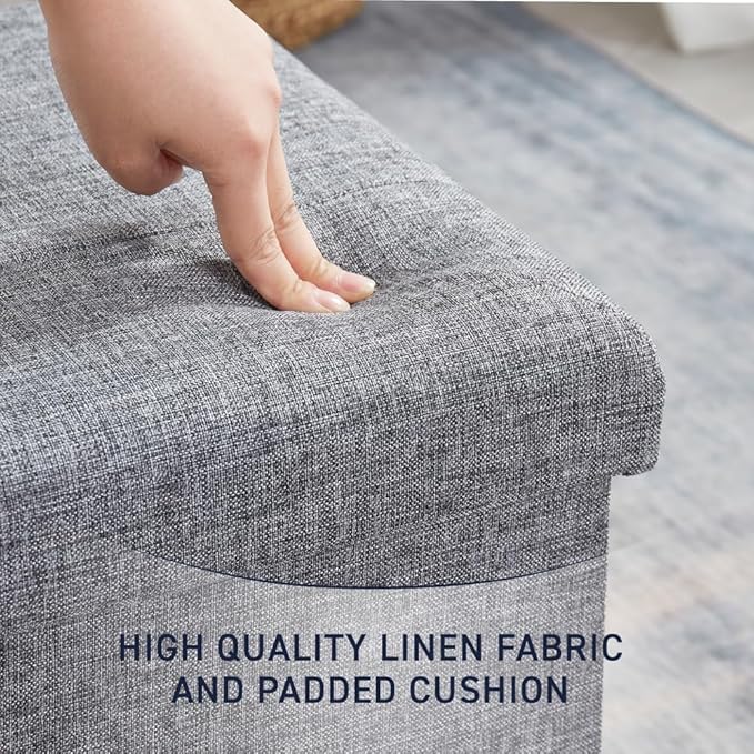Ornavo Home Folding Storage Ottoman, 15 Inch Storage Cube with Lid, Foot Rest Stool for Bedroom, Living Room, Entryway, Tufted Linen Upholstered - Gray