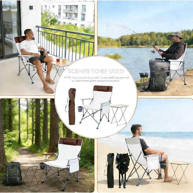 2 Pack Adjustable Folding Camping Chairs with Detachable Footrest and Headrest, Lightweight and Portable, Ideal for Hiking, Travel, Fishing and Outdoor Activities (Beige)