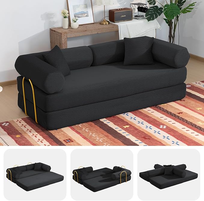 79" Boneless Couches for Living Room, Corduroy Sofa Bed with 2 Pillows,Side Pockets,Hex Arm, 5-in-1 Loveseat Sleeper Sofa for Small Spaces, High-Density Foam Couch, No Assembly, Black