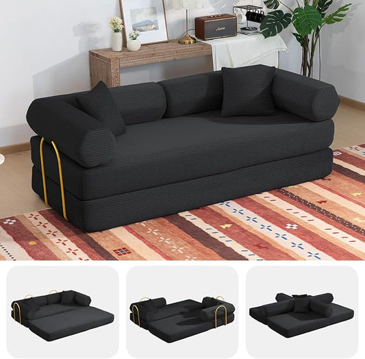 79" Boneless Couches for Living Room, Corduroy Sofa Bed with 2 Pillows,Side Pockets,Hex Arm, 5-in-1 Loveseat Sleeper Sofa for Small Spaces, High-Density Foam Couch, No Assembly, Black