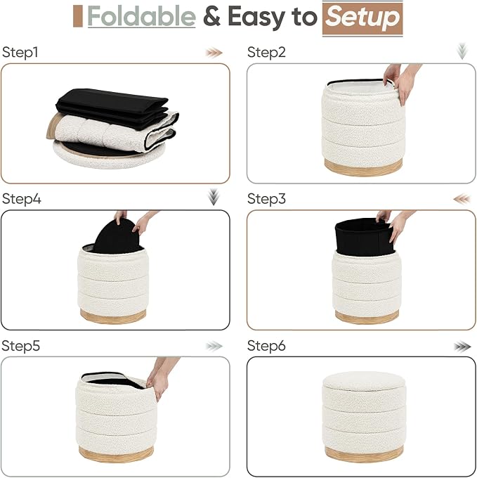 Round Storage Ottoman with Reversible Tray Lid, Folding Chenille Fabric Footrest with Hidden Storage, 15.4" Footstool for Small Spaces Living Room Bedroom, Wood Grain Base, Cream White