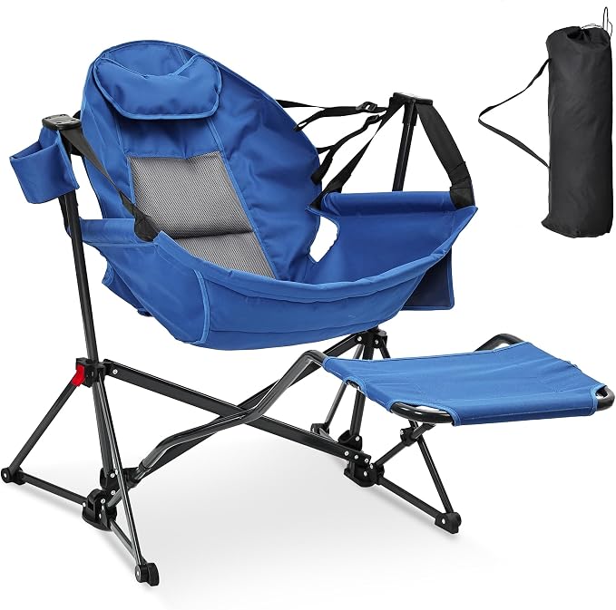 Ainfox Hammock Chair with Footrest, Oversized Swinging Portable Folding Camping Chairs for Adults Outside Swinging Camp with Cup Holder Pillow for Outdoor Patio Lawn Blue