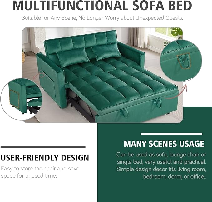 3 in 1 Convertible Sleeper Sofa Bed, 54'' Full Size Velvet Pull Out Futon Couch Recliner with Reclining Backrest & 2 Pillows, Small Loveseat Lounge Couches for Small Spaces (Dark Green)