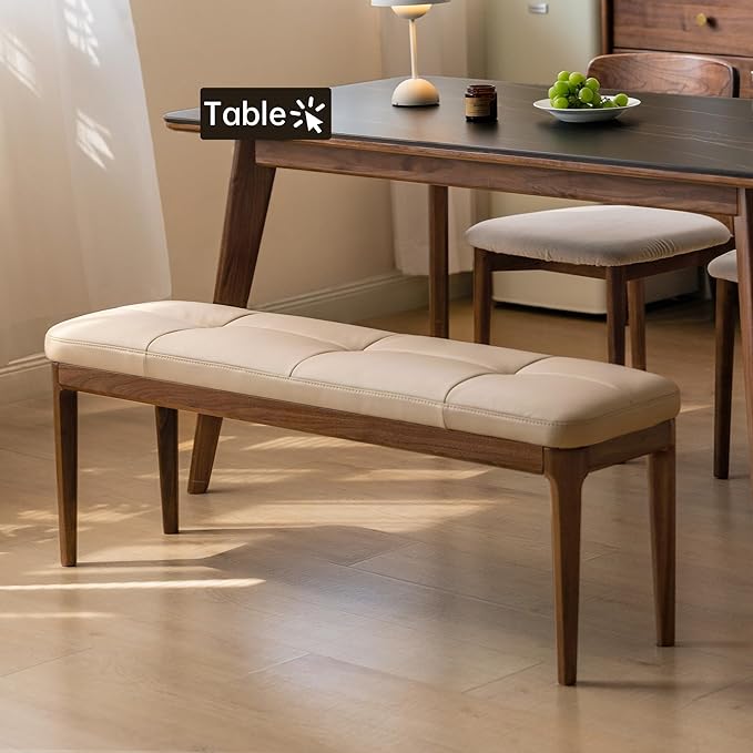 55.1'' Black Walnut Tufted Leather Dining Bench, Bedroom End of Bed Leather Upholstered Bench for Entryway with 100% Solid Black Walnut Leg Frame