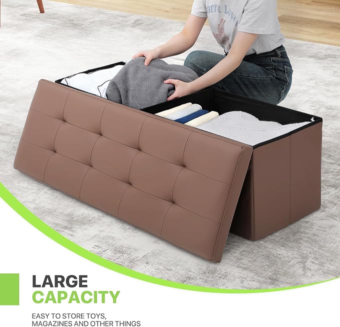 Magshion Folding Storage Ottoman Bench, 43 Inches PU Leather Ottoman Foot Rest, End of Bed Bench, Storage Chest for Living Room, Entryway, Bedroom, 600 lbs Load Capacity, Brown