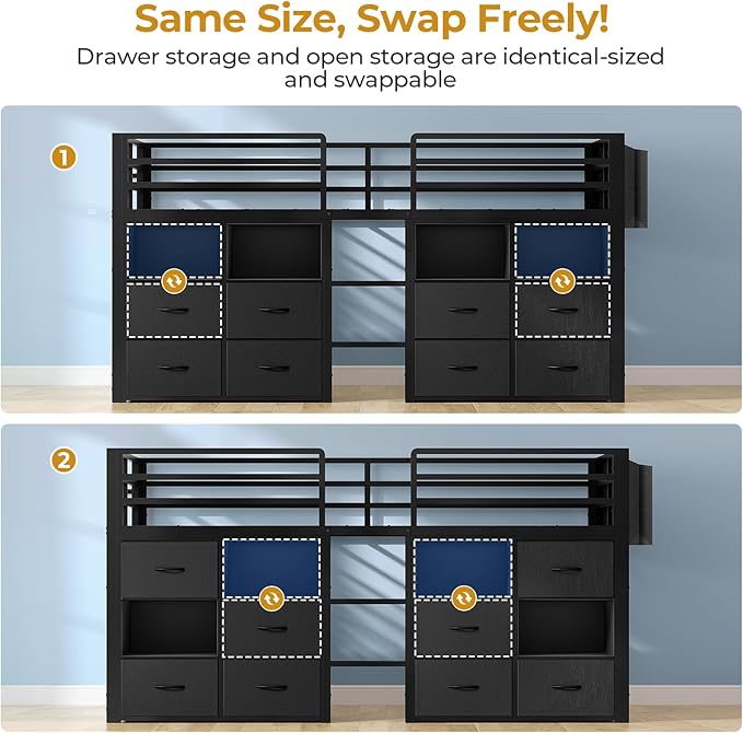 ADORNEVE Low Loft Bed Twin Size with 8 Storage Drawers, Twin Loft Bed with Bookcase and LED Lights, Metal Kids Loft Bed with 14" H Safety Guardrail, Under-Bed Play Space, No Box Spring Needed, Black