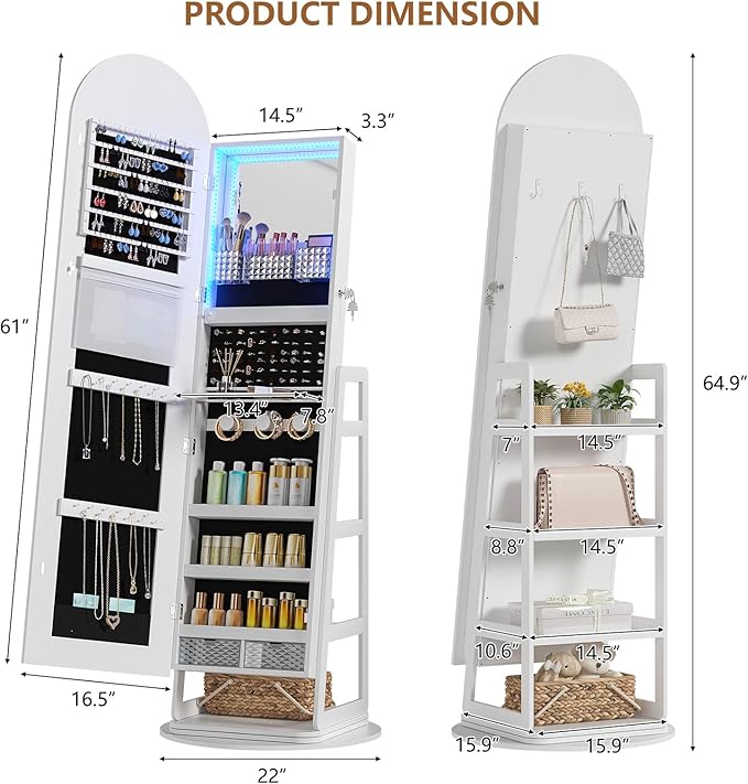 HWB LED Mirror Jewelry Cabinet, 360° Swivel Jewelry Organizer Standing, Arched Wide Full-Length Mirror with Storage Shelves, Interior Mirror, Gift Jewelry Armoire for Lady Girls
