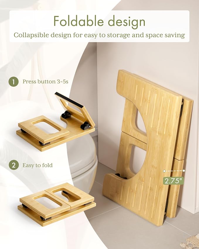 AmazerBath 8.5 Inches Bamboo Toilet Stool Squat for Adults, Collapsible Poop Stool for Bathroom, 0.79" Thickness Squatting Potty with Non-Slip Strip, Space-Saving, Natural Color