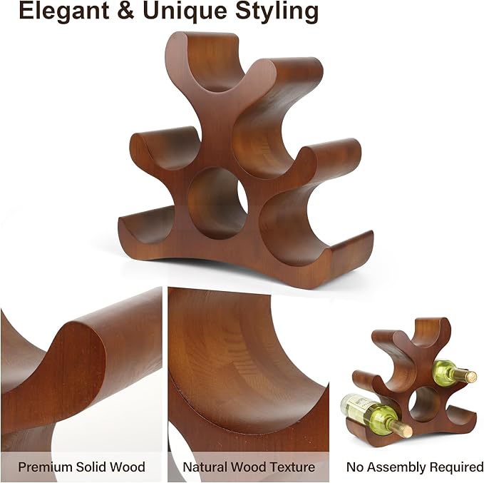 Countertop Wine Rack - 6 Bottle Wooden Wine Rack - Freestanding Wine Bottle Holder Stand - Wine Storage Rack for Cabinet Pantry Bar Kitchen