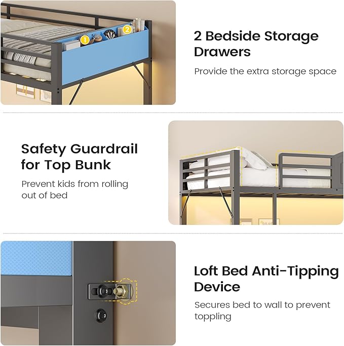 AOGLLATI Bunk Bed Twin Over Twin with 6 Storage Drawers for Kids Teens,Metal Led Loft Bed with Bedside Storage,Safety Guardrails for Small Space, No Box Spring Needed, Grey