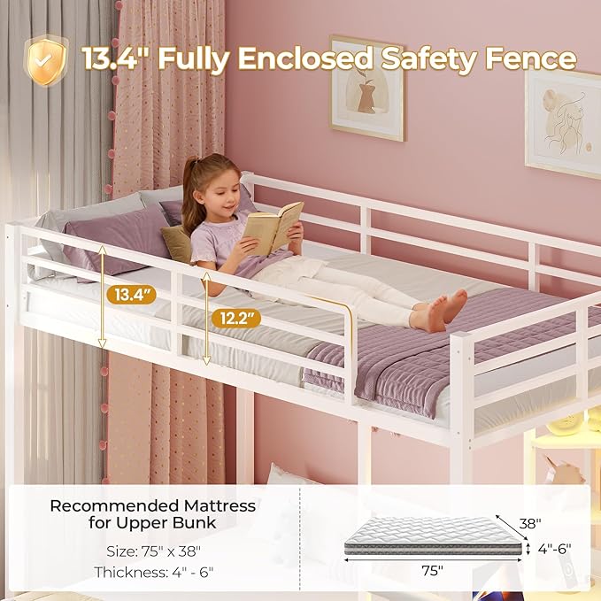 ADORNEVE Twin Over Full Bunk Bed with Desk, Bunk Beds Twin Over Full Size with Charging Station & Led Lights, Storage Drawers & Shelves, Loft Bed with Safety Guardrail & Ladder for Kids/Teens, White