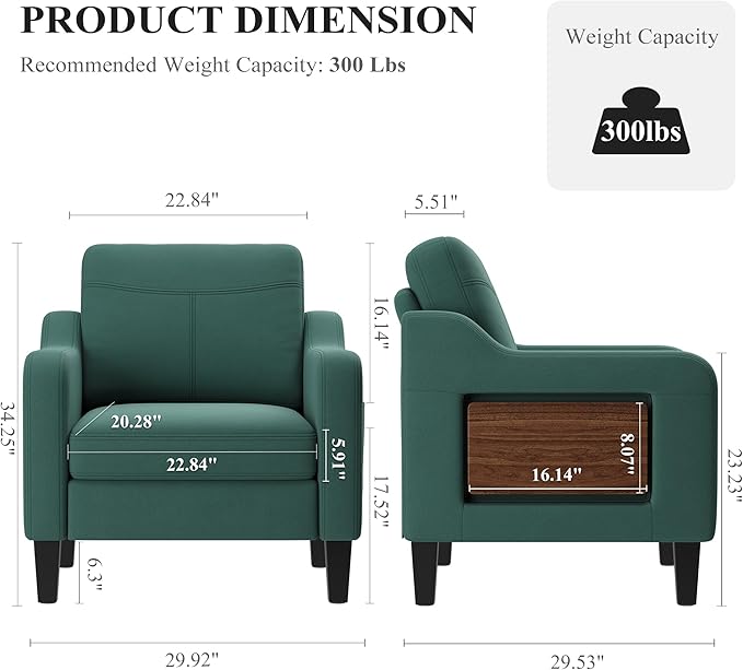 Accent Chairs Set of 2 for Living Room, Mid-Century Upholstered Armchair with Foldable Table & 2 Side Pockets, Modern Linen Wooden Sofa Chair for Bedroom & Reading Room, Green
