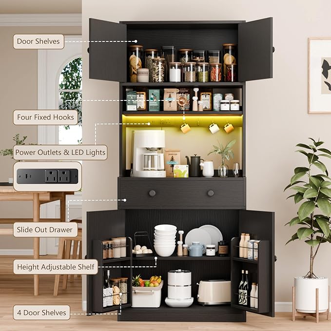 Korfile 71" Tall Kitchen Pantry Storage Cabinet with Power Outlet & LED Light, Freestanding Food Pantry Cabinet with 4 Doors and Shelves, Cupboard with Drawer, Hutch with Microwave Stand (Black)