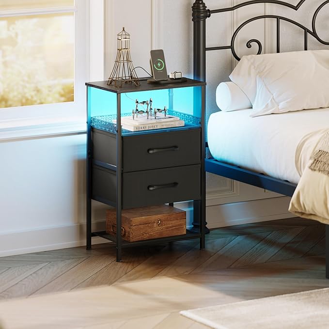JARHETUN Nightstand Set of 2 with Charging Station, Night Stands with LED Lights, 26.4 Inch Tall Bedside Table with Metal Shelf, Side Table with 2 Fabirc Drawers for Bedroom, Black