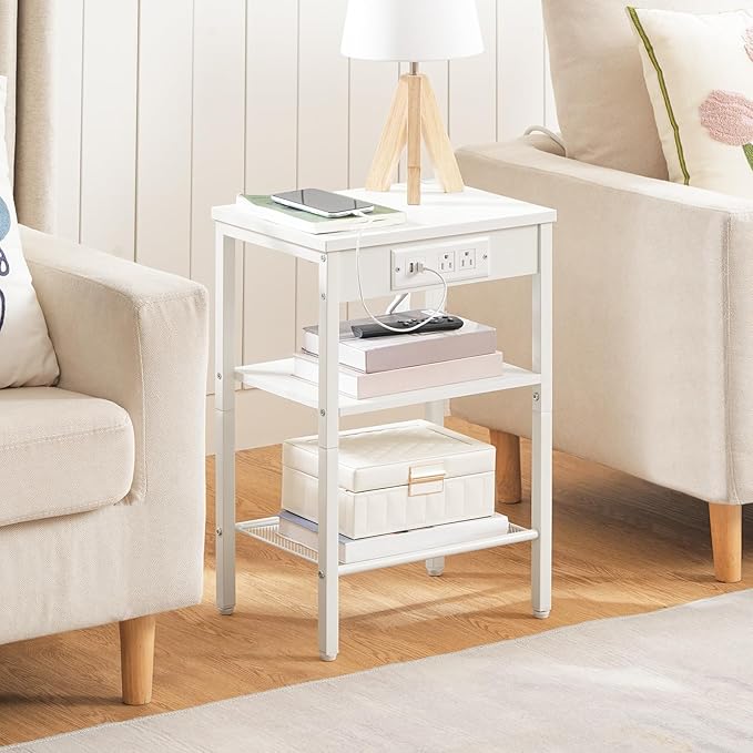 HOOBRO Side Table with Charging Station and USB Port, Small End Table for Small Space, 3-Tier Nightstand with Adjustable Shelf, for Living Room, Bedroom, White WW112BZ01
