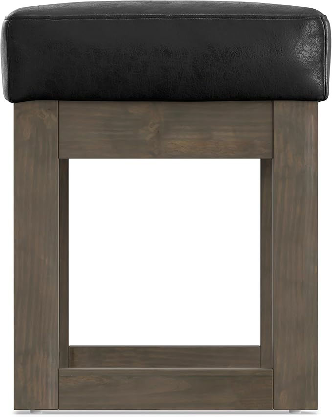 SIMPLIHOME Milltown Small Ottoman Bench - 27" Wide x 18" High Upholstered Vegan Leather Rectangle Footstool Ottoman in Distressed Black, Contemporary Bench for Bedroom with Cushioned Seat, Assembled