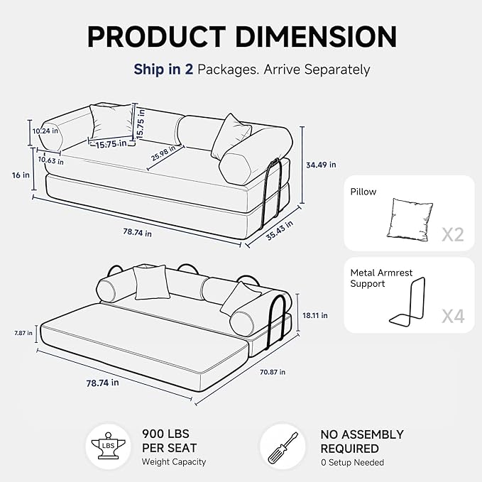 79" Boneless Couches for Living Room, Corduroy Sofa Bed with 2 Pillows,Side Pockets,Hex Arm, 5-in-1 Loveseat Sleeper Sofa for Small Spaces, High-Density Foam Couch, No Assembly, Orange