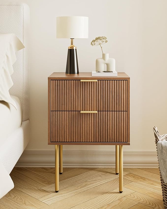 Aienvey Night Stand, Modern Nightstand with Drawers, Bedside Table, Gold Small Side Table for Bedroom, Living Room End Table (Walnut Stripe, 2 Drawers)
