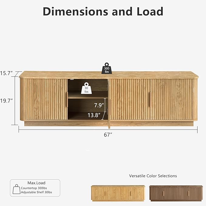 win2win 67" TV Stand for 80 Inch TV, Modern Fluted Entertainment Center with Faux Marble Top, Curved Corners, Boho Minimalist Media Console with Storage for Living Room Bedroom, Oak