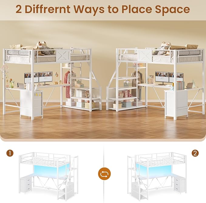 Itaar Stairway Twin Size Loft Bed with L Shaped Desk and Wardrobe, Metal Loft Bed Frame with Stairs, 3 Fabric Drawers, LED Lights & Charging Sation, No Noise & No Box Spring Needed, White