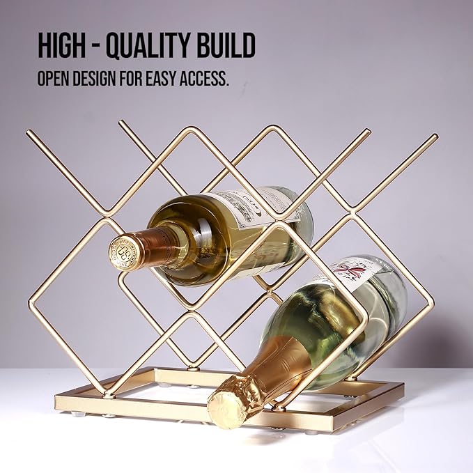 Countertop Wine Rack - 5 Bottle Freestanding Modern Gold Metal Small Wine Rack - Tabletop Wine Holder Stand for Cabinet, Pantry, Wine Bottle Storage… (Large Size-Gold 5btl)