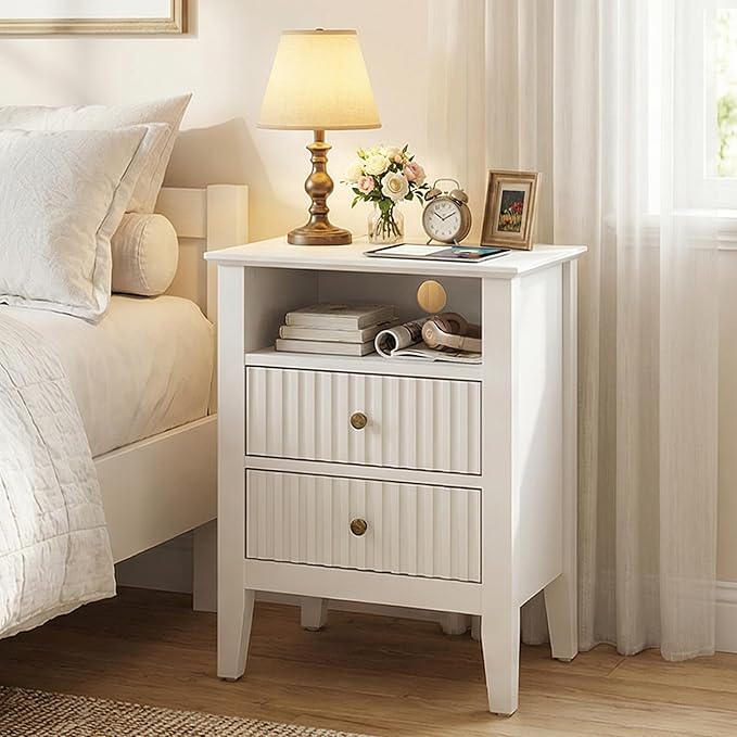 RoyalCraft Fluted Nightstand Set of 2 with Charging Station, White End Table with 2 Silent Slide Drawers & Storage Shelf, Modern Side Table, Wood Night Stand Cabinet for Bedroom