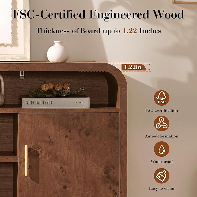 Entertainment Center for Living Room, Curved TV Stand with 3 Adjustable Shelves [FSC-Certified Wooden Board] Modern Media Console for TVs up to 65'', Farmhouse Storage Cabinet