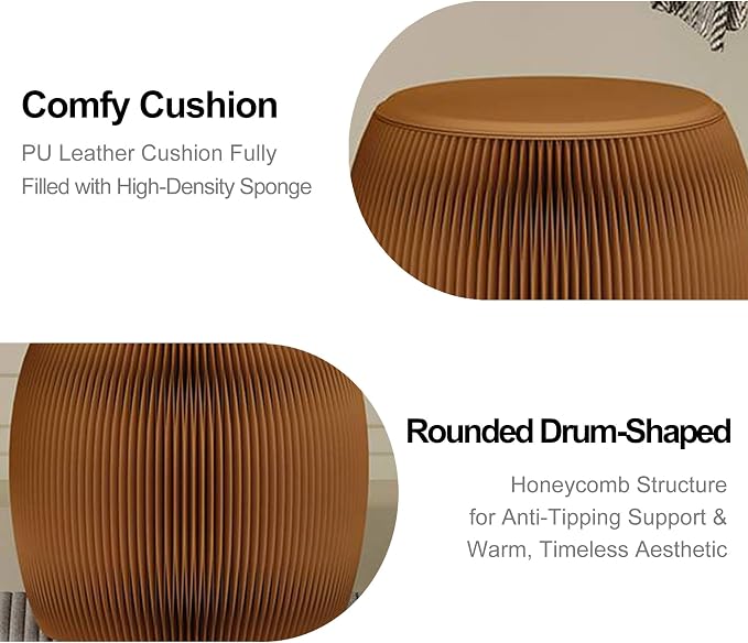 Drum-Shaped Collapsible Accordion Folding Stool, 660lbs Weight Capacity Kraft Paper Ottoman Seat with Cushion, Portable Space-Saving Foot Rest Stool for Home, Dorm & Office (15 Inch, Brown)
