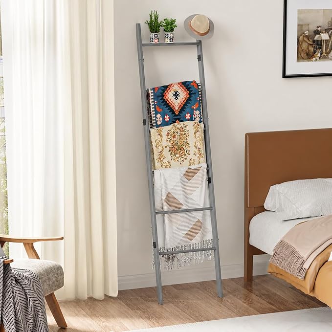 BAMBANG 6-Tier Blanket Ladder for Living Room, Blanket Quilt Ladder Rack Rustic Decorative Towel Holder, Wall Leaning Blanket Ladder Shelf Storage Farmhouse Decor for Bedroom Bathroom, Gray