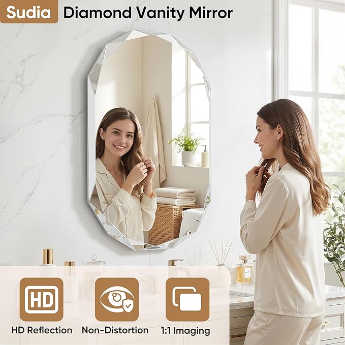 Suidia Bathroom Mirror, 26"x 38" Wall Mirror, Frameless Bathroom Mirror with Beveled Edge for Bedroom, Living Room, Entryway, Hallway, Oval Shape