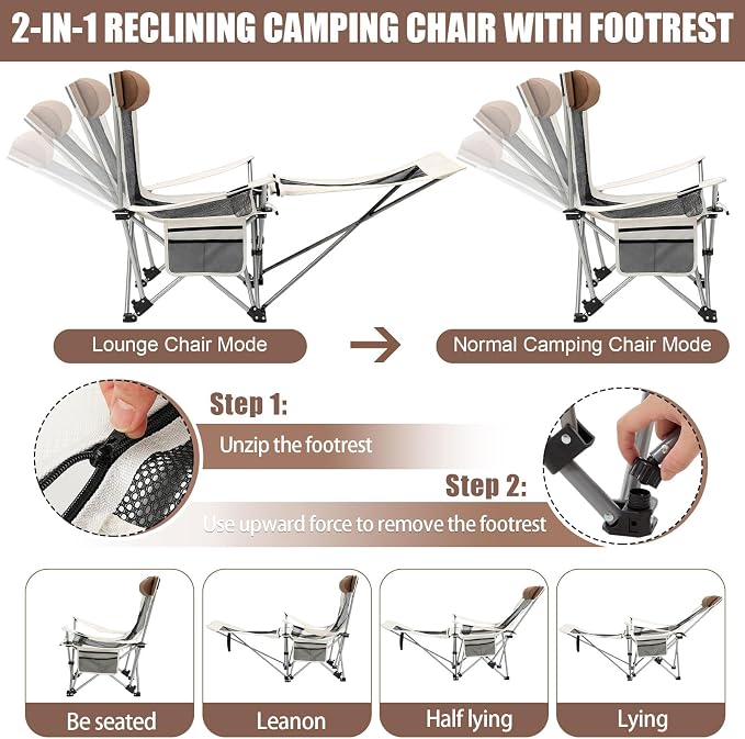 Colingmill 2 Pcs 2 in 1 Reclining Camping Chair with Footrest for Adults Folding Lounger Mesh Beach Chair Adjustable Backrest Lightweight Lawn Chairs for Camping Tailgates Outdoor Beach(Beige)